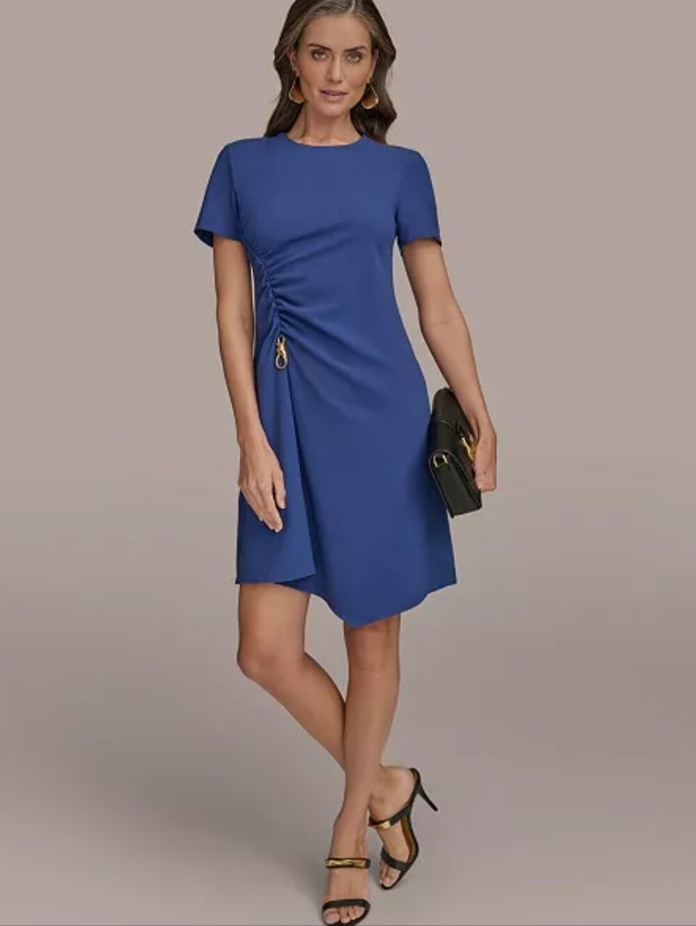 Donna Karan New York Blue Ruched Dress Size 2 Short Sleeve Sheath Gold Accent